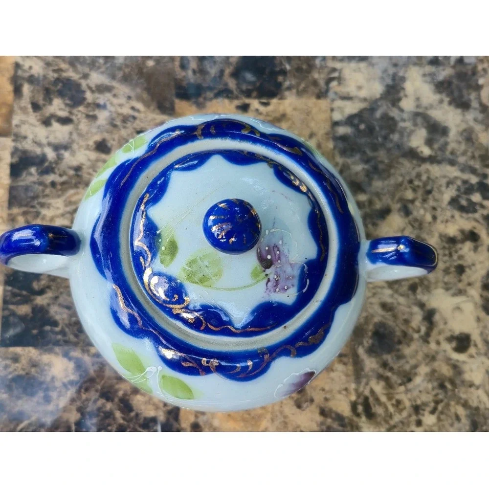 Vintage Made in Japan Hand Painted‎ Floral Tea Pot and Sugar Bowl Cobalt  gold